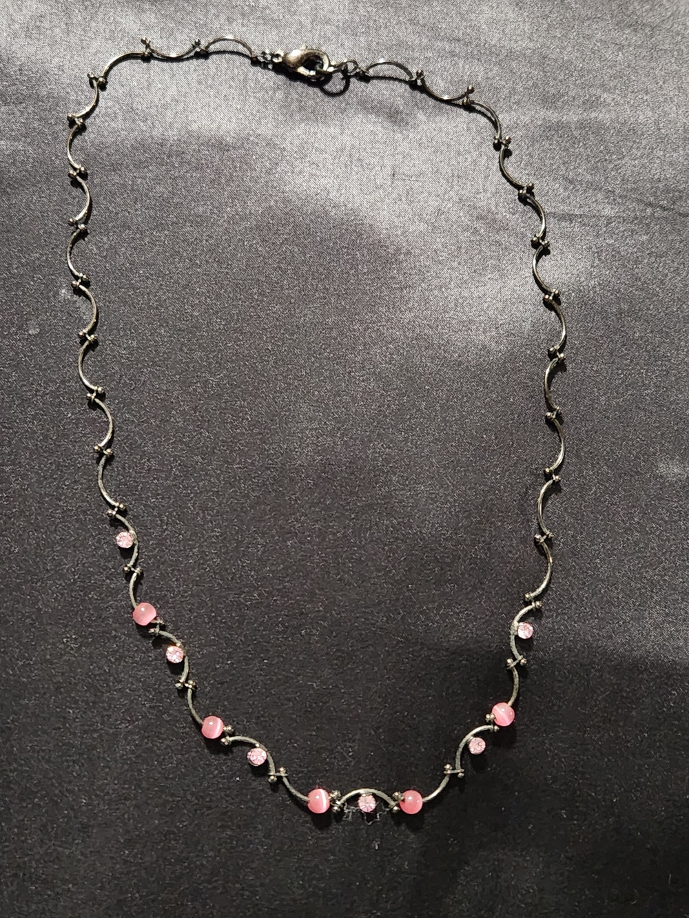 ​VTG Pink Cats Eye Rhinestone Antique Pewter Tone S Wave Link Choker Necklace 16